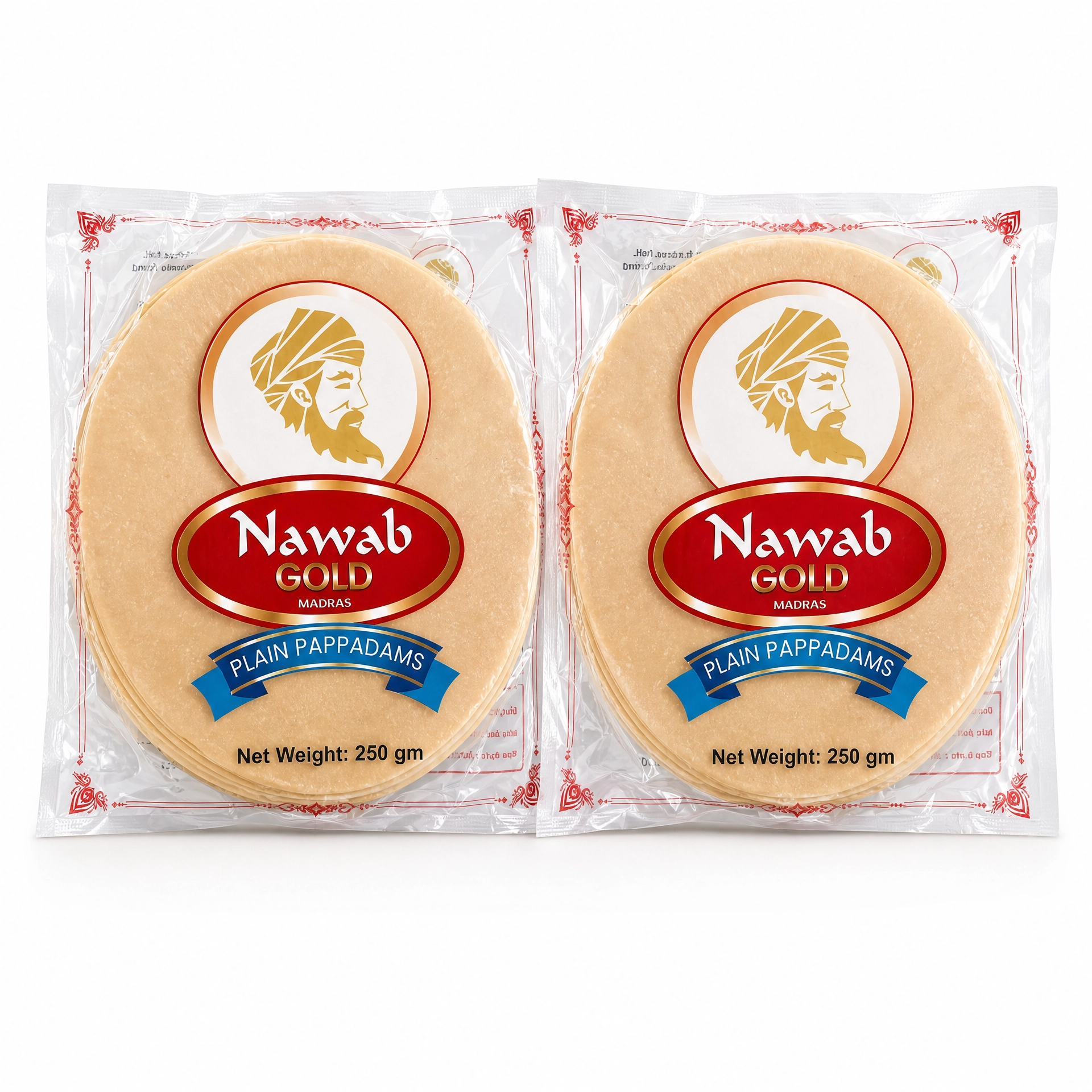 Authentic Nawab Pappadoms, crispy Indian snacks in 2 packs of 250g each, featuring traditional Poppadoms from Nawab brand.