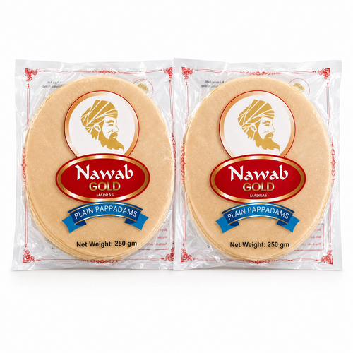 Authentic Nawab Pappadoms, crispy Indian snacks in 2 packs of 250g each, featuring traditional Poppadoms from Nawab brand.