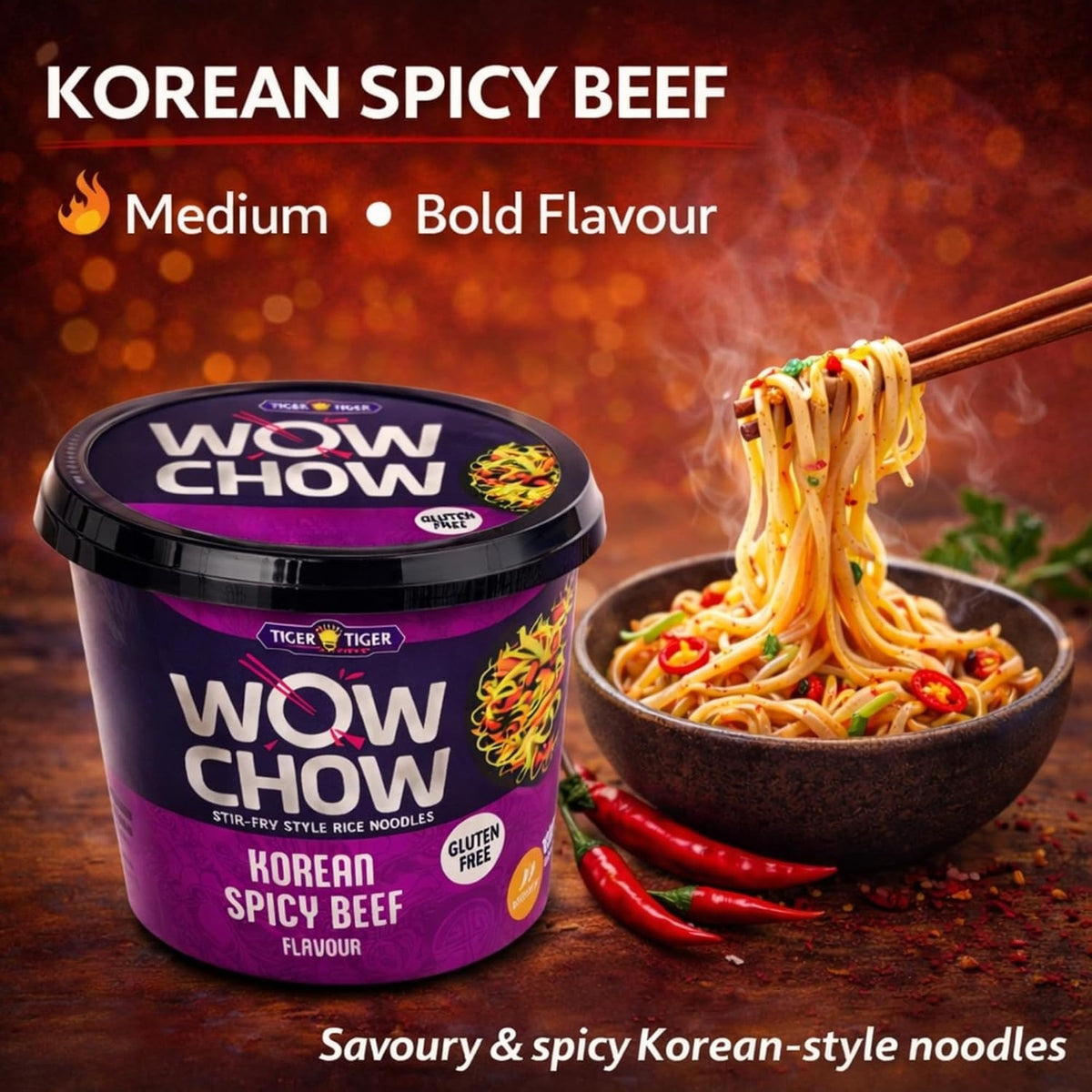 Tiger Tiger WOW CHOW stir-fry style rice noodles in 76g packs, shown in a 6-pack, ready for quick cooking and flavorful meals.