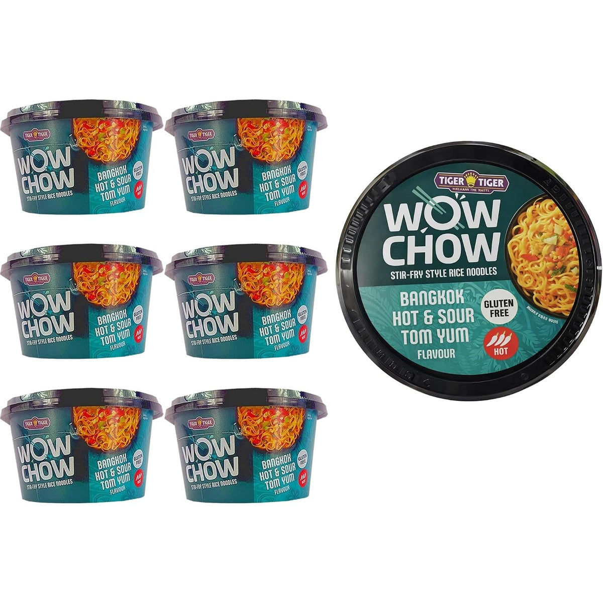 Tiger Tiger WOW CHOW stir-fry style rice noodles 76g in a 6-pack, featuring cooked rice noodles with vibrant stir-fry ingredients.