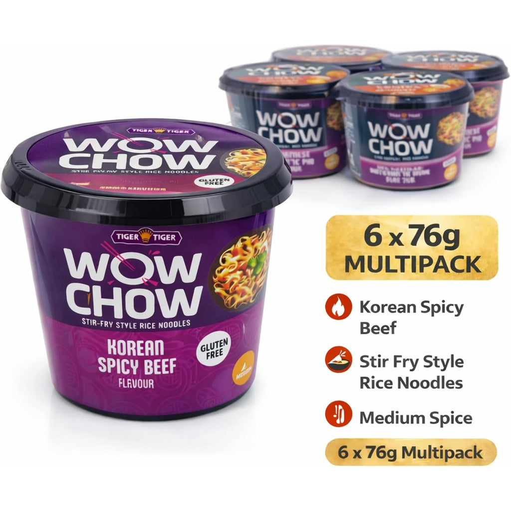 Tiger Tiger WOW CHOW stir-fry style rice noodles, instant rice noodles in 76g packs, shown in a six-pack box.