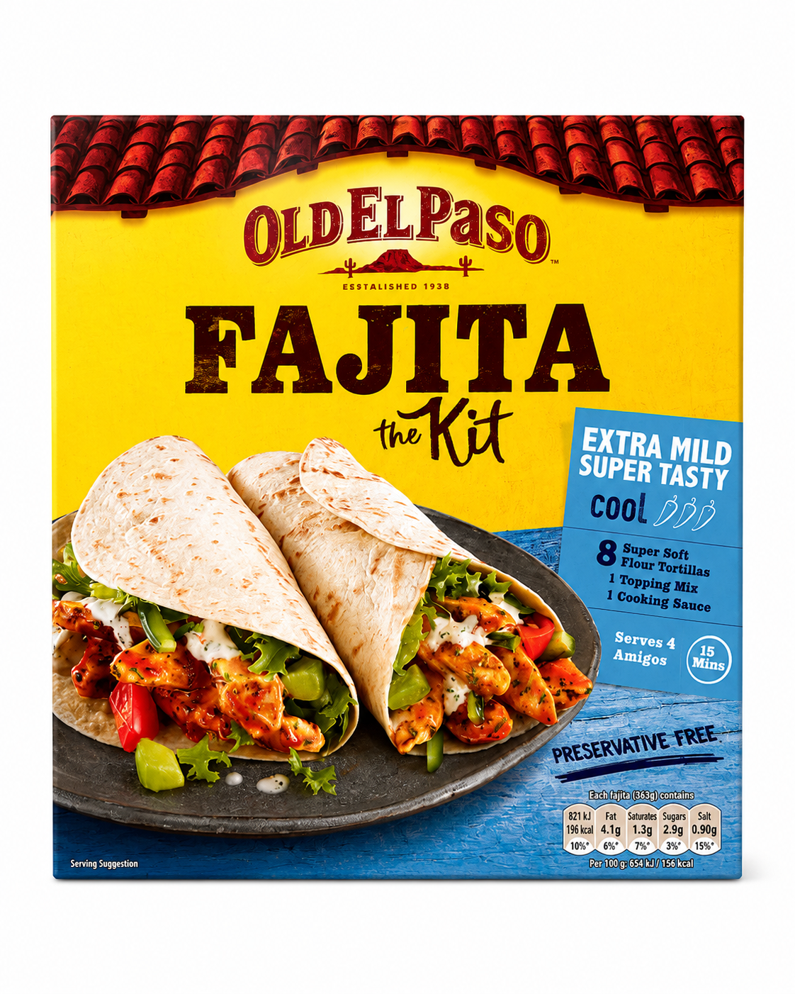 Old El Paso Extra Mild Fajita Kit with 8 tortillas, cooking sauce, and herb topping in a Mexican meal kit package.