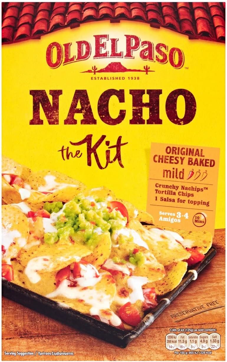 Old El Paso Mexican Nacho Meal Kit with 505g tortilla chips and bean salsa, featuring packaged ingredients in a meal kit.