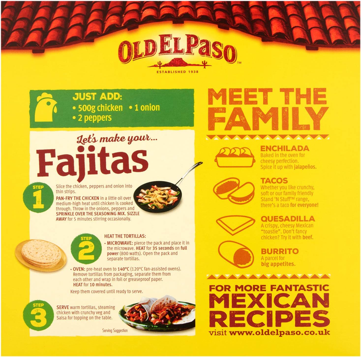 Old El Paso Smoky BBQ Fajita Meal Kit with 8 tortillas, salsa, and seasoning in a 500g pack, ready for Mexican fajitas.