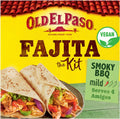 Old El Paso Smoky BBQ Fajita Meal Kit with 8 tortillas, salsa, and seasoning in a 500g pack, ready for Mexican fajitas.
