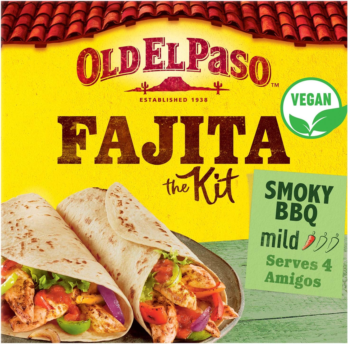 Old El Paso Smoky BBQ Fajita Meal Kit with 8 tortillas, salsa, and seasoning in a 500g pack, ready for Mexican fajitas.