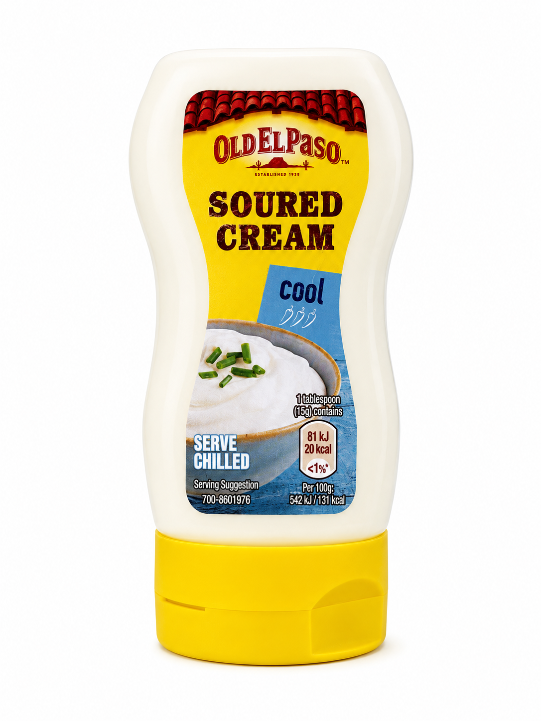 Old El Paso sour cream topping in a 230g squeeze bottle, shown in a pack of two, creamy and ready to serve.
