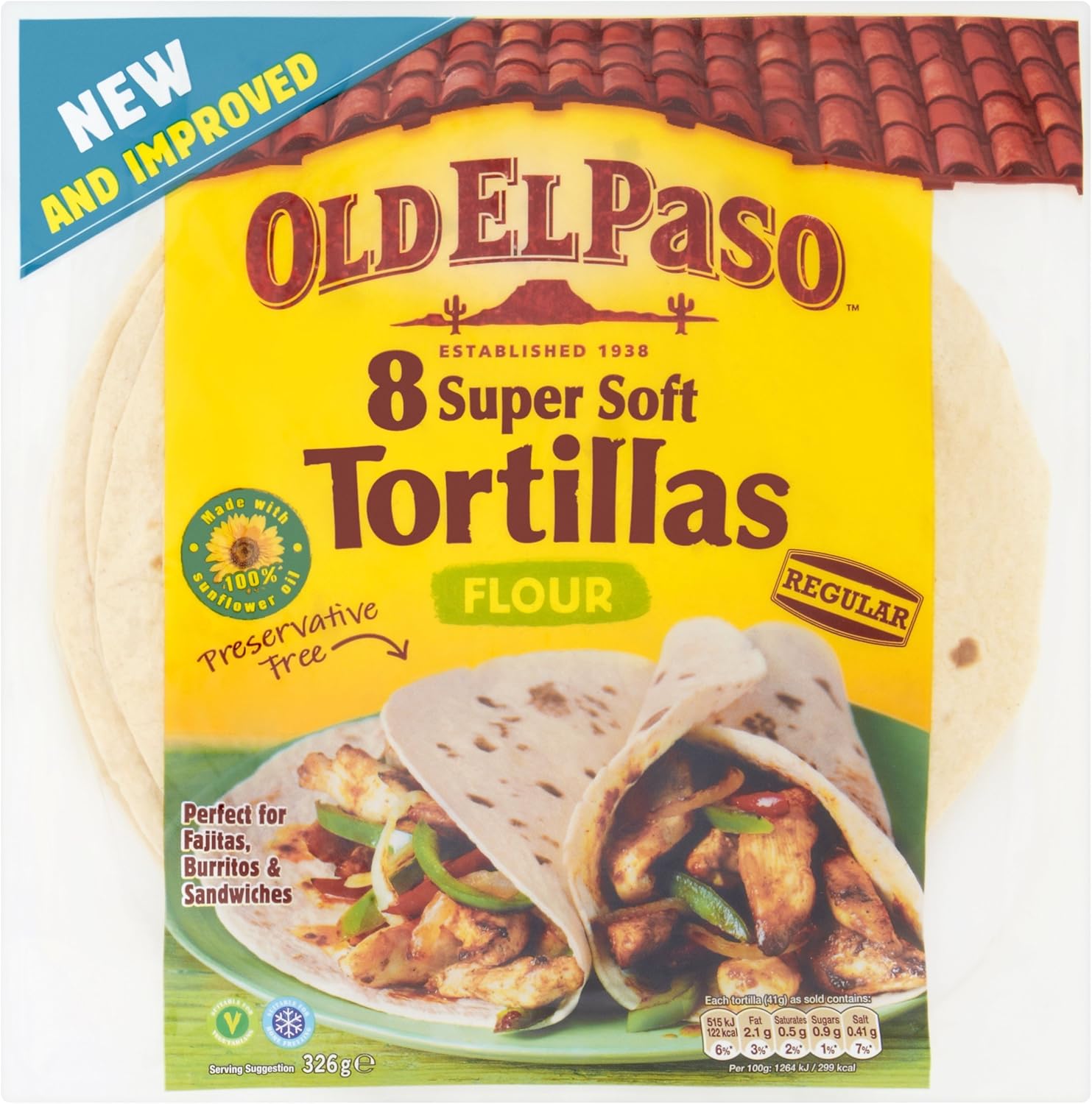 Old El Paso Flour Tortillas pack with 8 soft wraps, perfect for fajitas, burritos, and quesadillas, in a multipack.