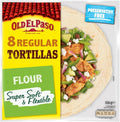 Old El Paso flour tortillas pack with 8 soft wraps for fajitas, burritos, and quesadillas, shown in a multipack.
