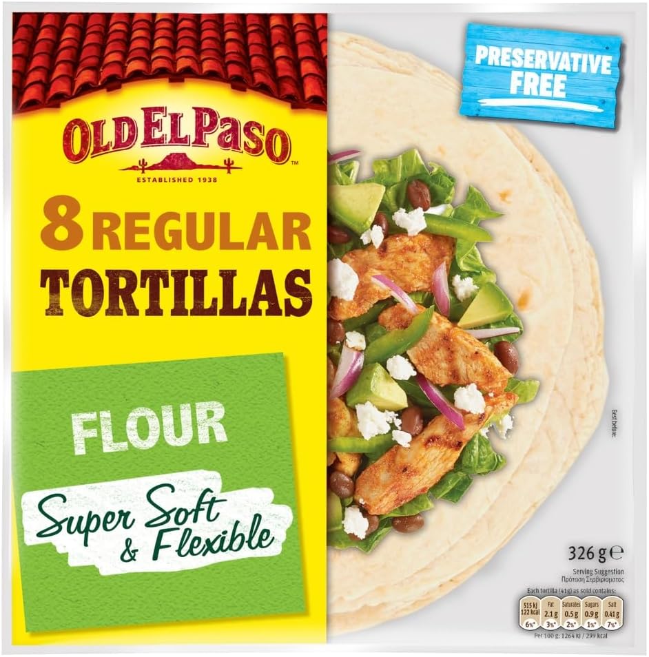 Old El Paso flour tortillas pack with 8 soft wraps for fajitas, burritos, and quesadillas, shown in a multipack.