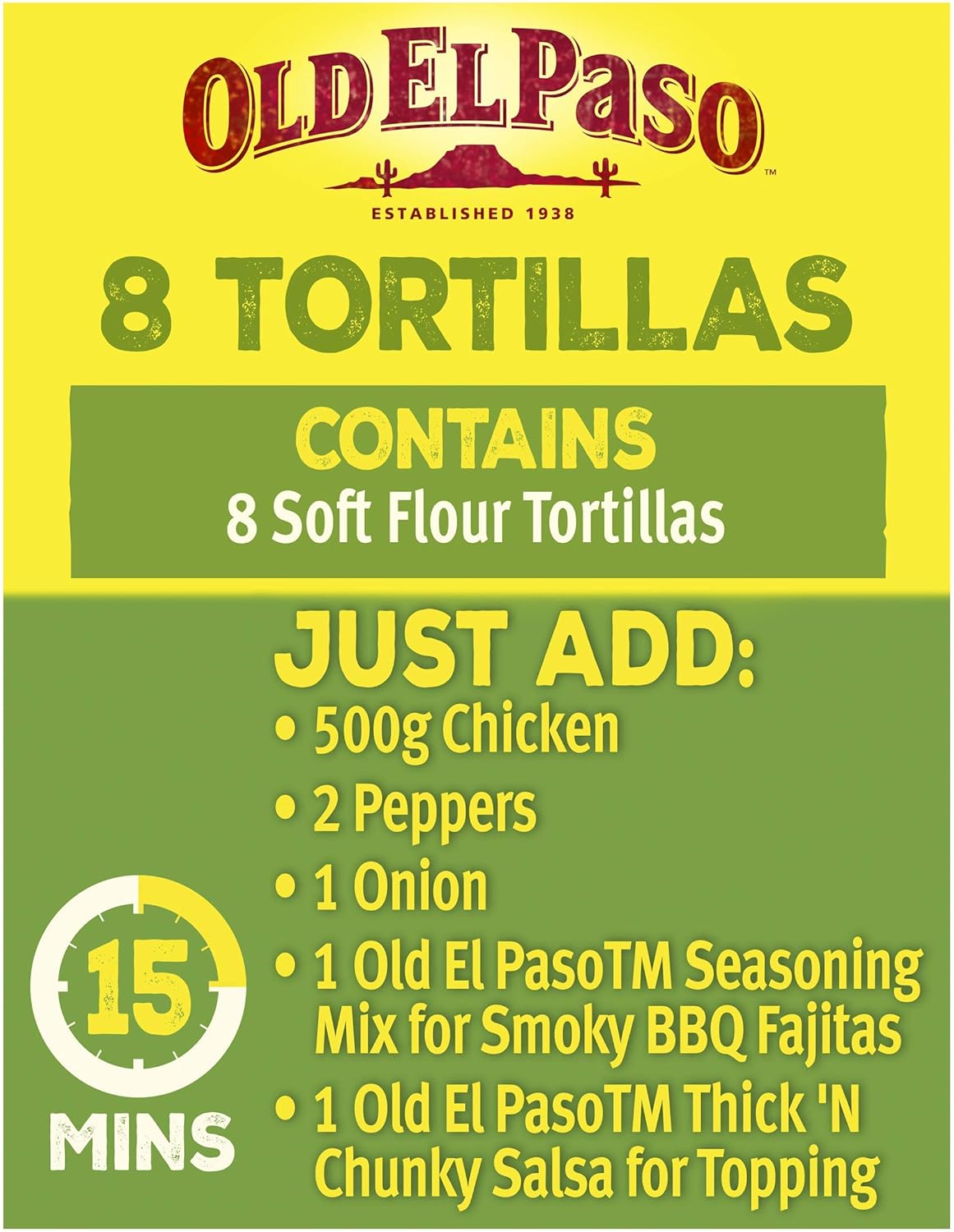 Old El Paso flour tortillas pack with 8 soft wraps, ideal for fajitas, burritos, and quesadillas, in a multipack.
