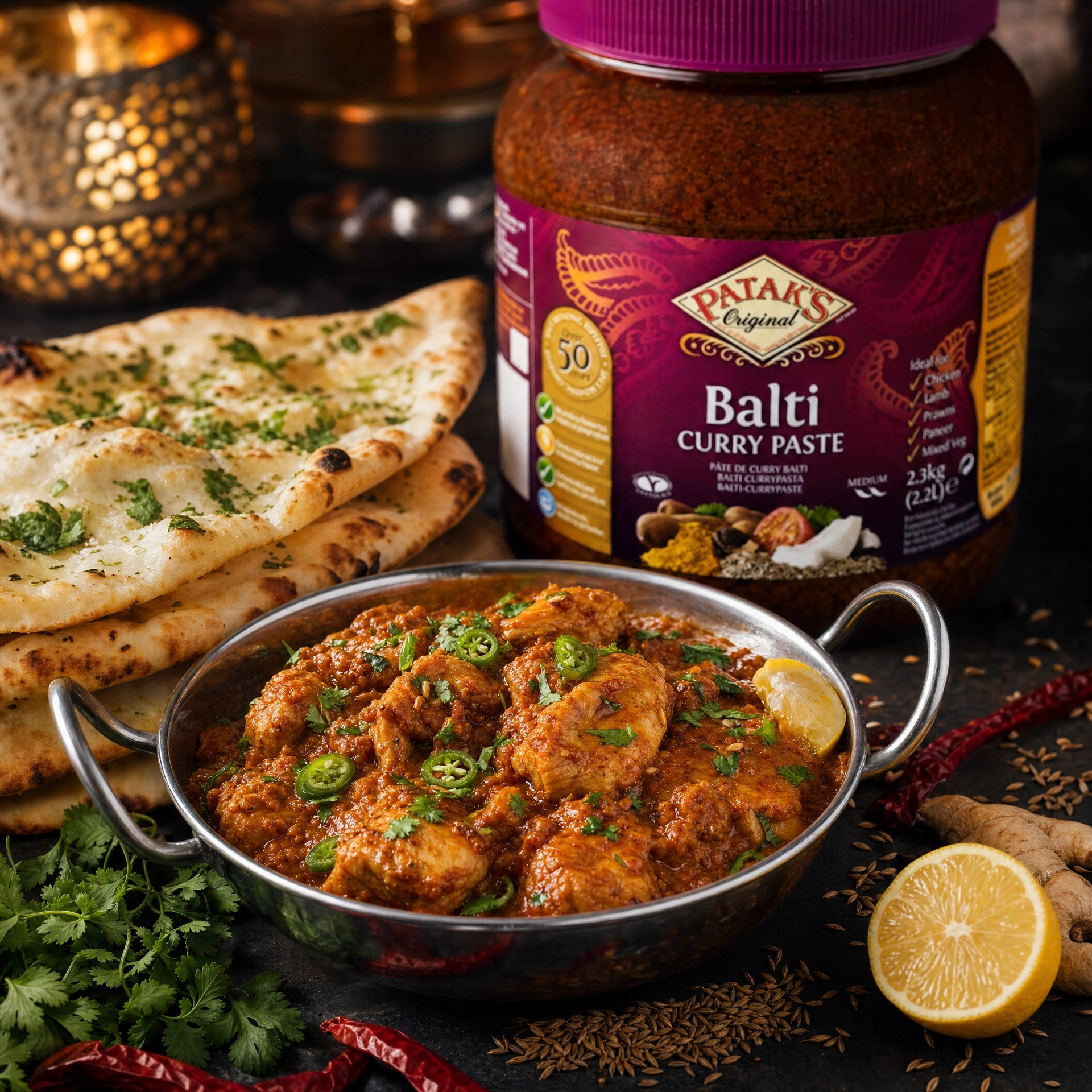 Patak's Balti Curry Paste in a large 2.3kg jar, flavorful Indian curry paste for cooking authentic Balti dishes.