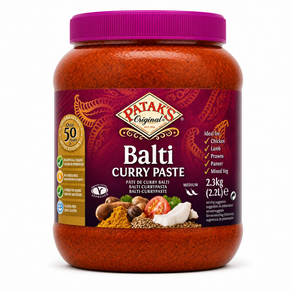 Patak's Balti Curry Paste in a 2.3kg large jar, authentic Indian curry paste for flavorful Balti dishes.