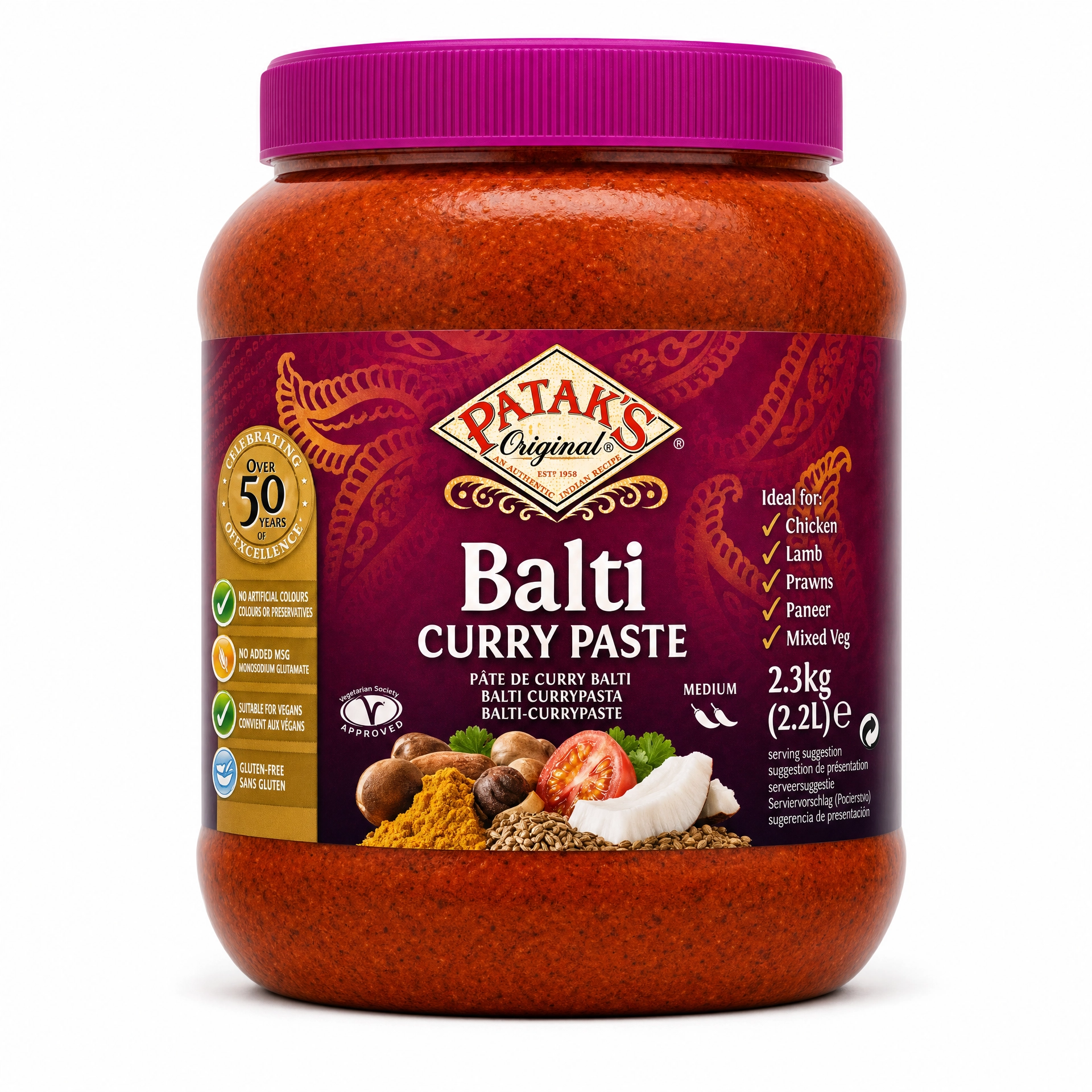 Patak's Balti Curry Paste in a 2.3kg large jar, authentic Indian curry paste for flavorful Balti dishes.