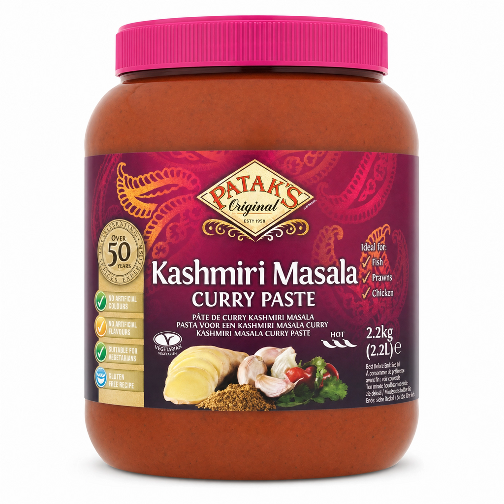 Patak's Kashmiri Masala Curry Paste in a large 2.2kg jar, used for authentic Indian curry dishes, with colorful spice blend visible.