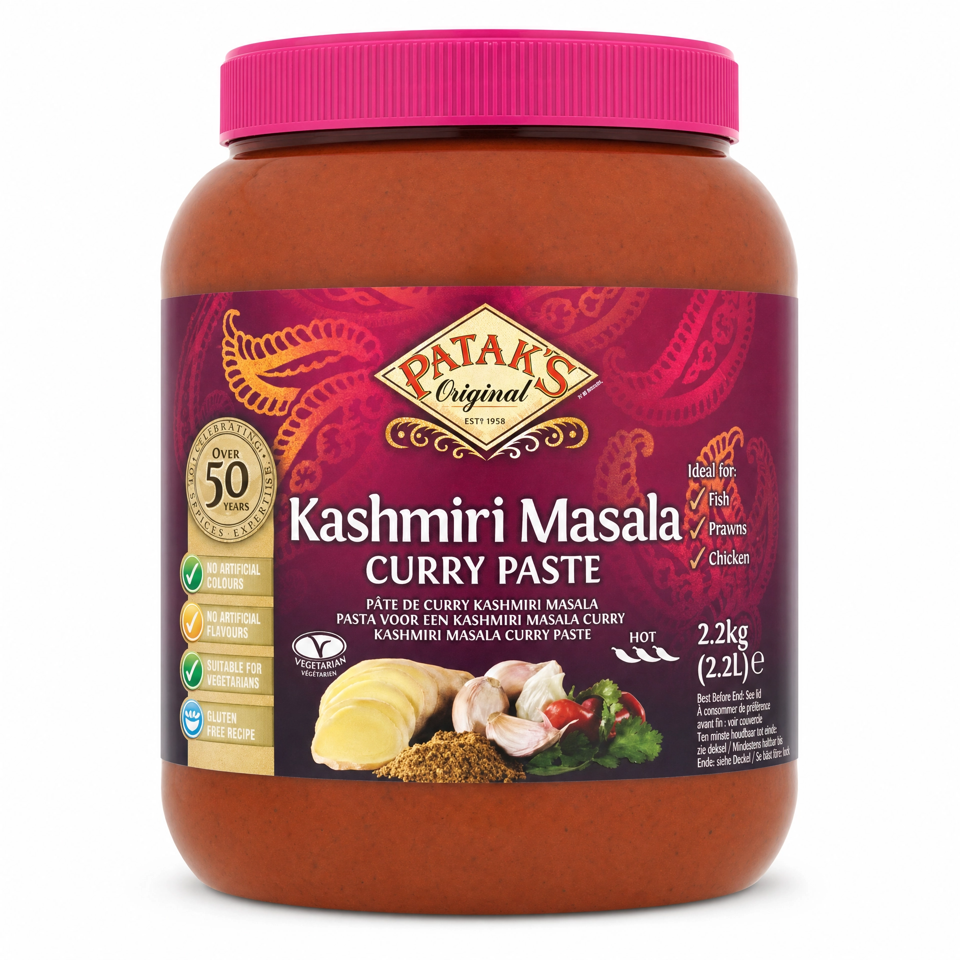 Patak's Kashmiri Masala Curry Paste in a large 2.2kg jar, used for authentic Indian curry dishes, with colorful spice blend visible.