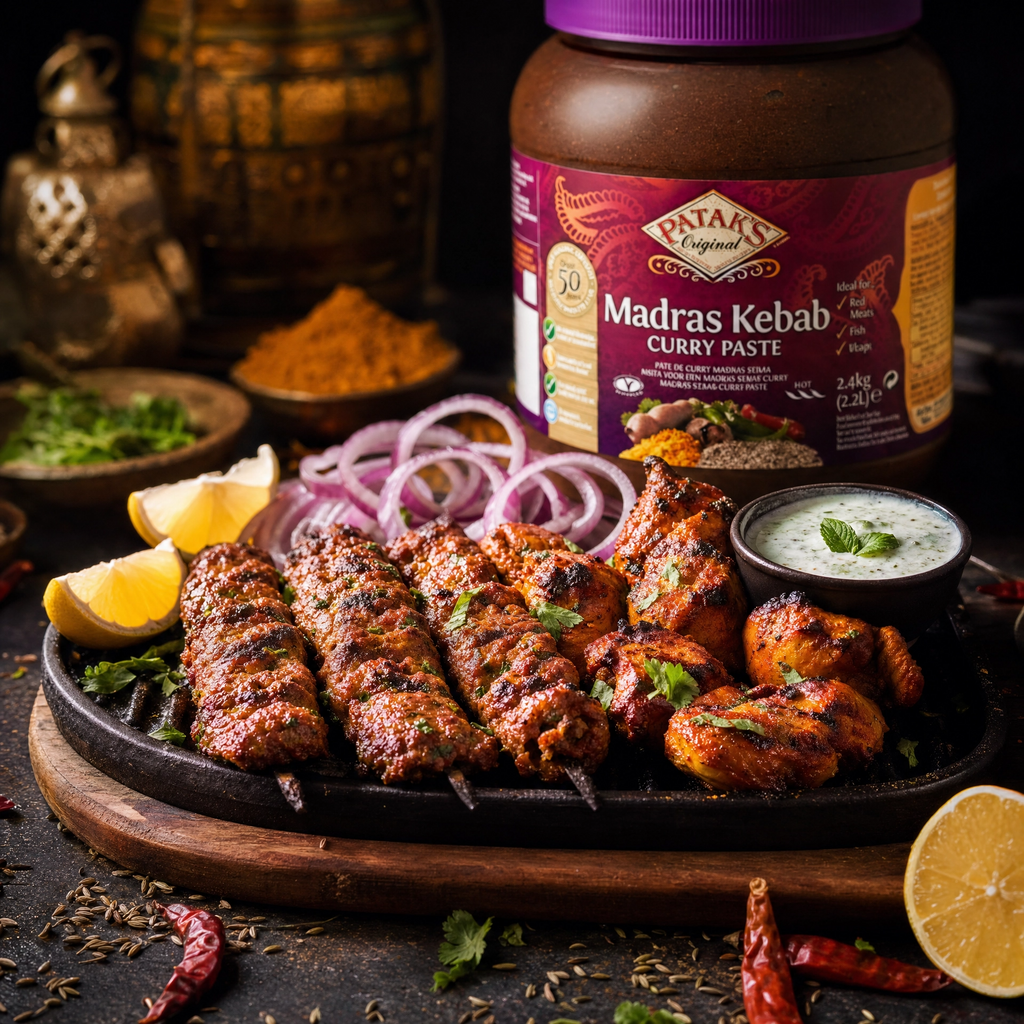 Patak's Madras Kebab Curry Paste in a 2.4kg large jar, a flavorful curry paste for authentic Indian dishes.