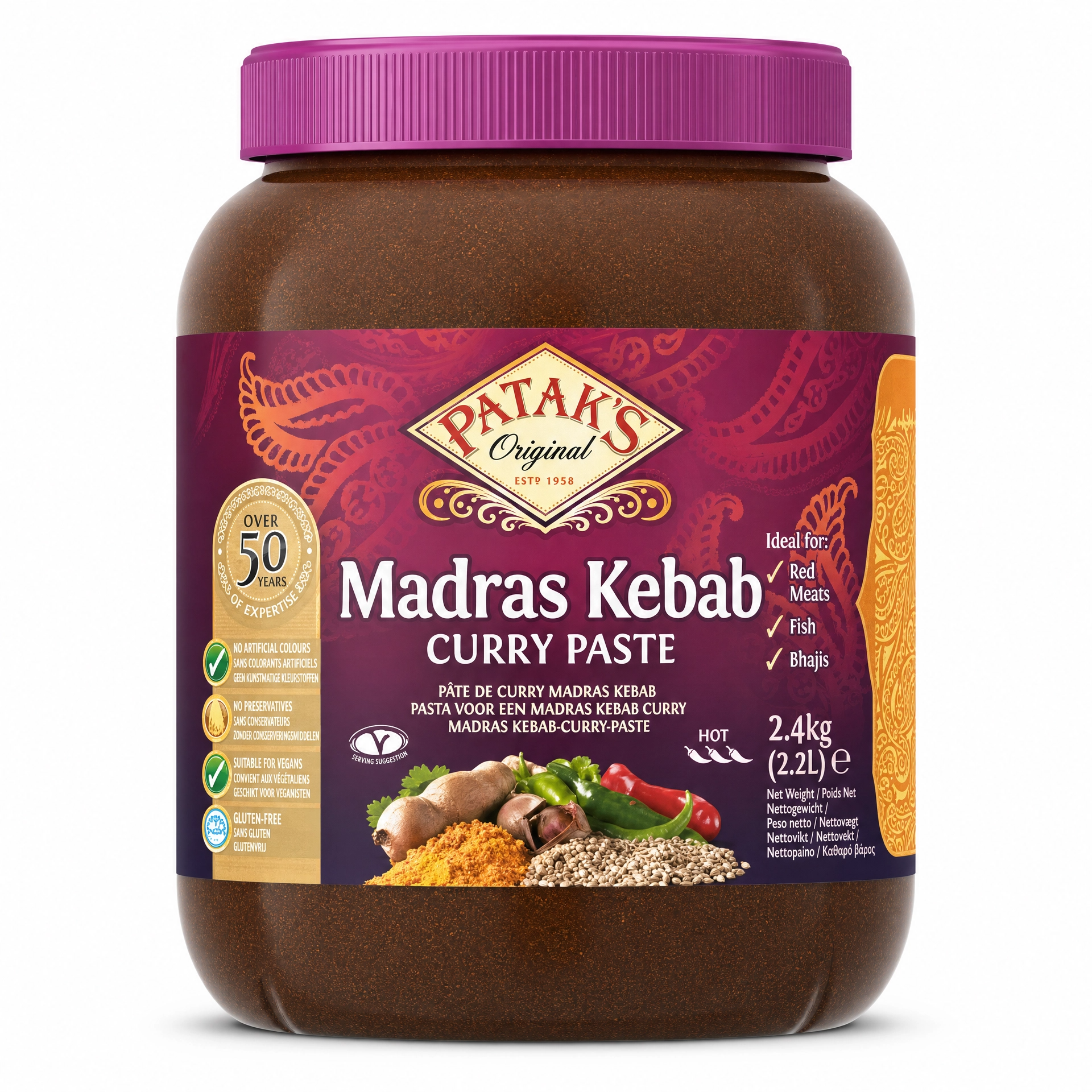 Patak's Madras Kebab Curry Paste in a large 2.4kg jar, rich Indian curry paste for flavorful kebabs and curries