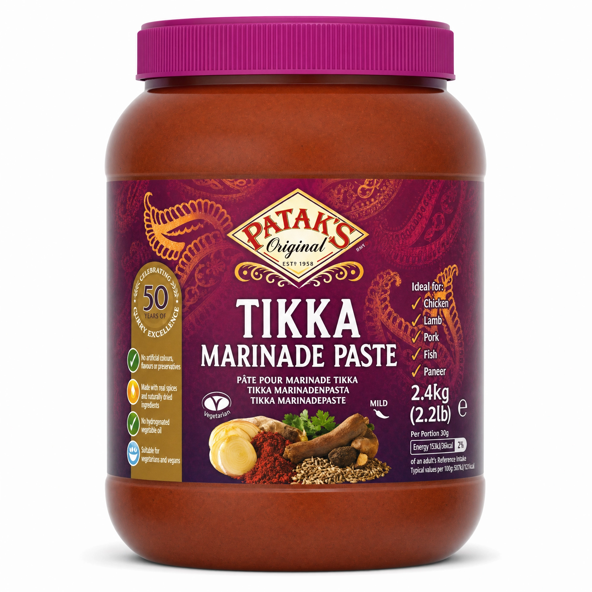 Patak's Tikka Masala Curry Paste in a large 2.4kg jar, rich and flavorful Indian spice blend for authentic cooking.