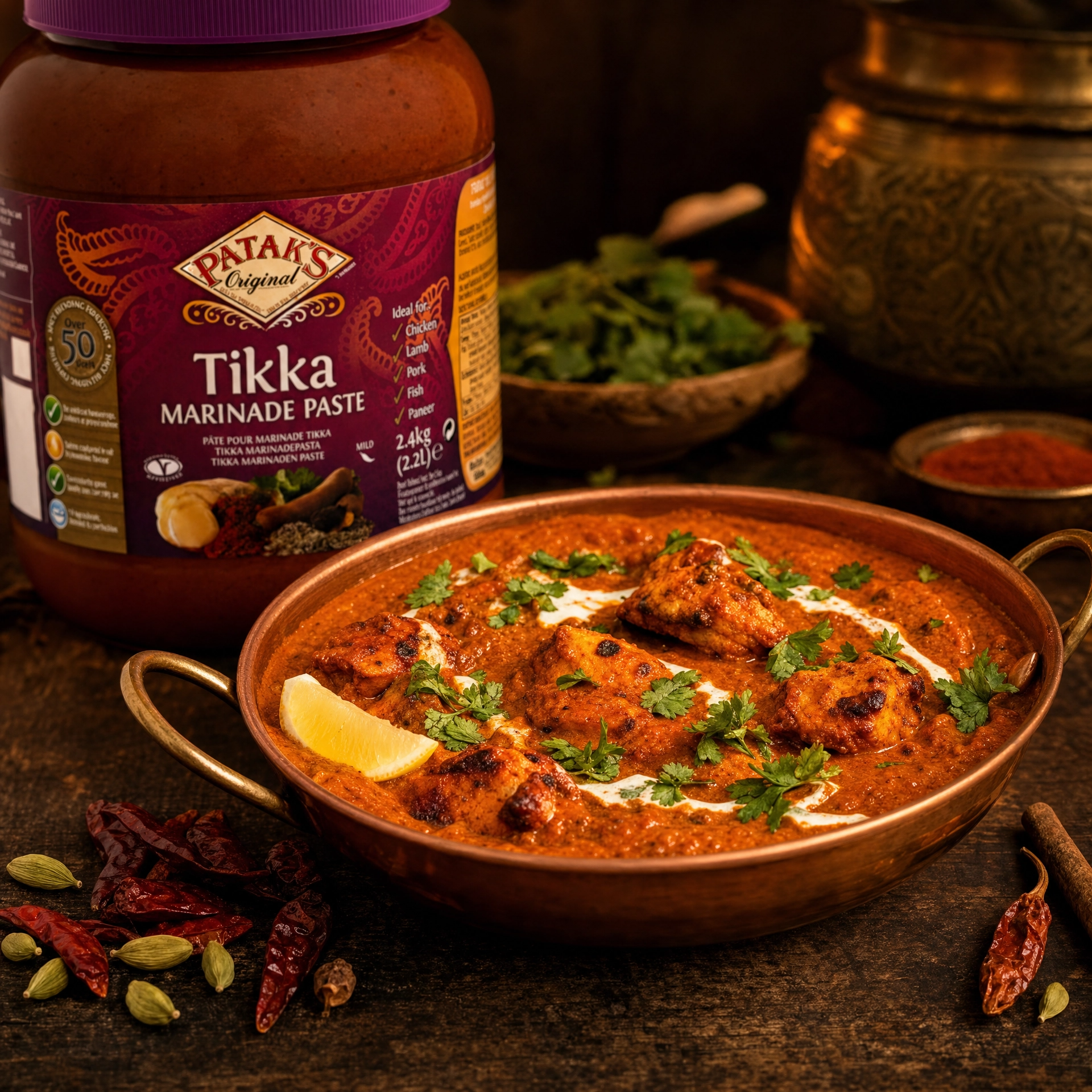 Patak's Tikka Masala Curry Paste in a 2.4kg large jar, rich and flavorful Indian spice blend for authentic tikka masala dishes