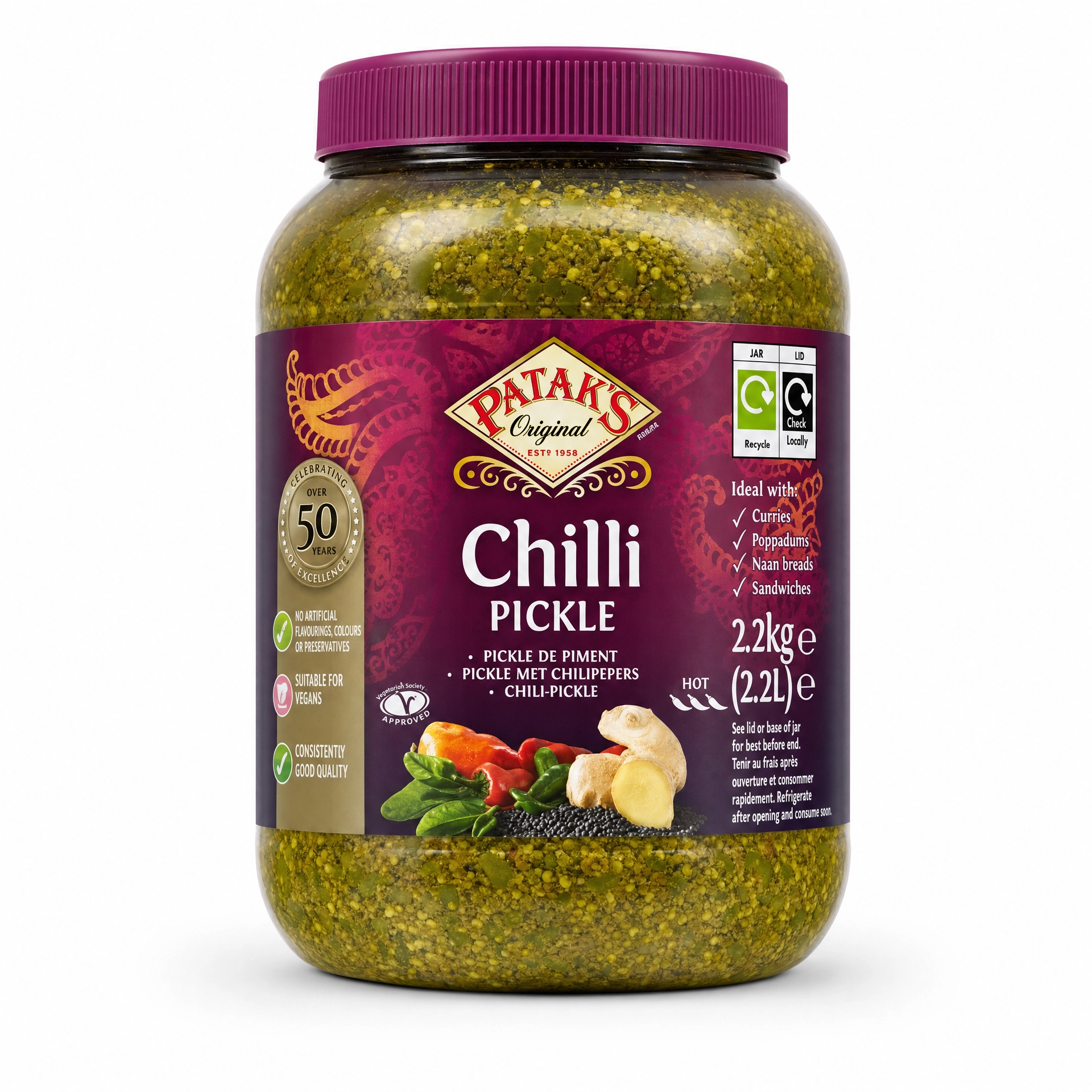 Patak's Chilli Pickle in a 2.2kg large jar, spicy Indian condiment with vibrant red chili pieces and seasoning visible.