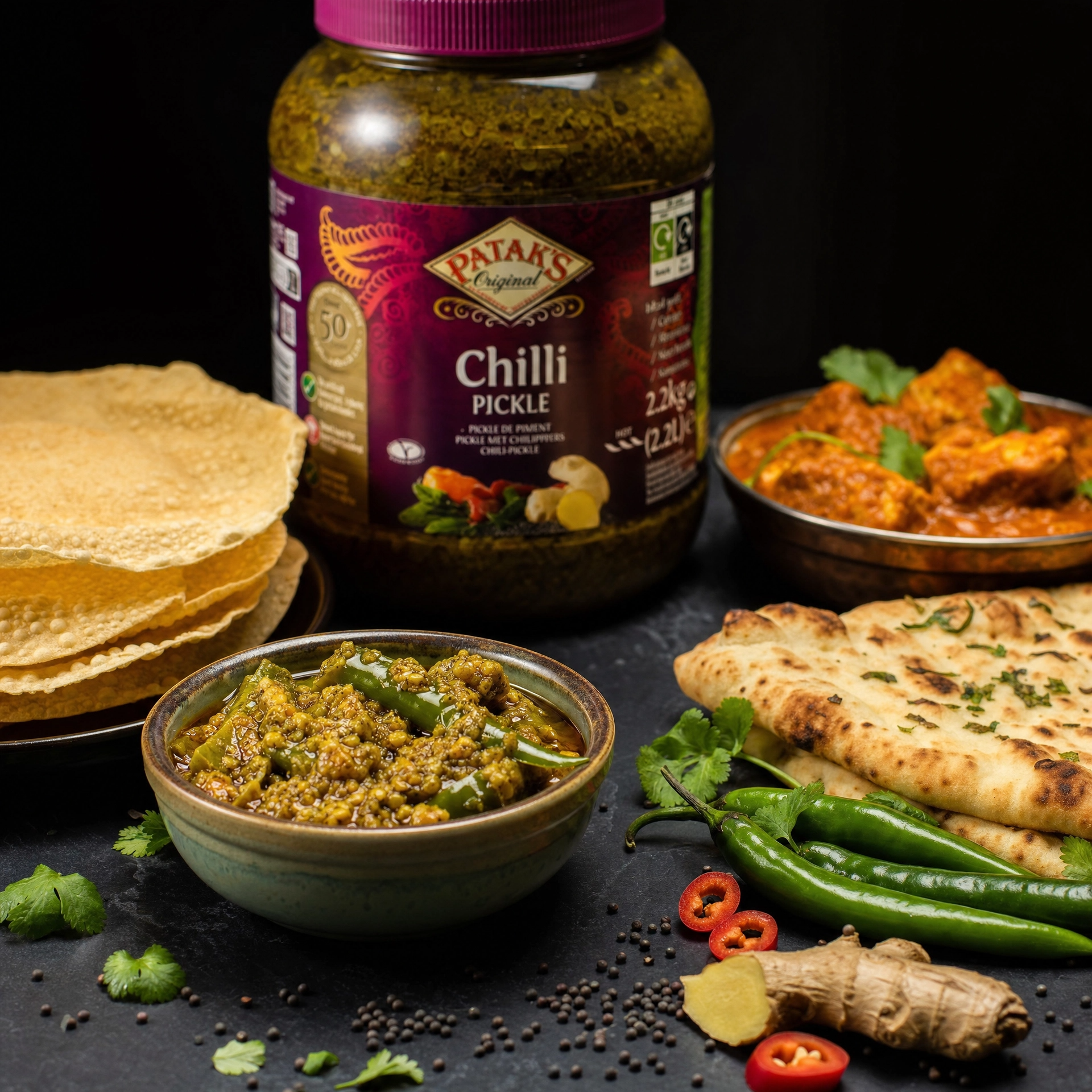 Patak's Chilli Pickle in a large 2.2kg jar, flavorful Indian pickle with spicy chili peppers and condiments for enhancing dishes