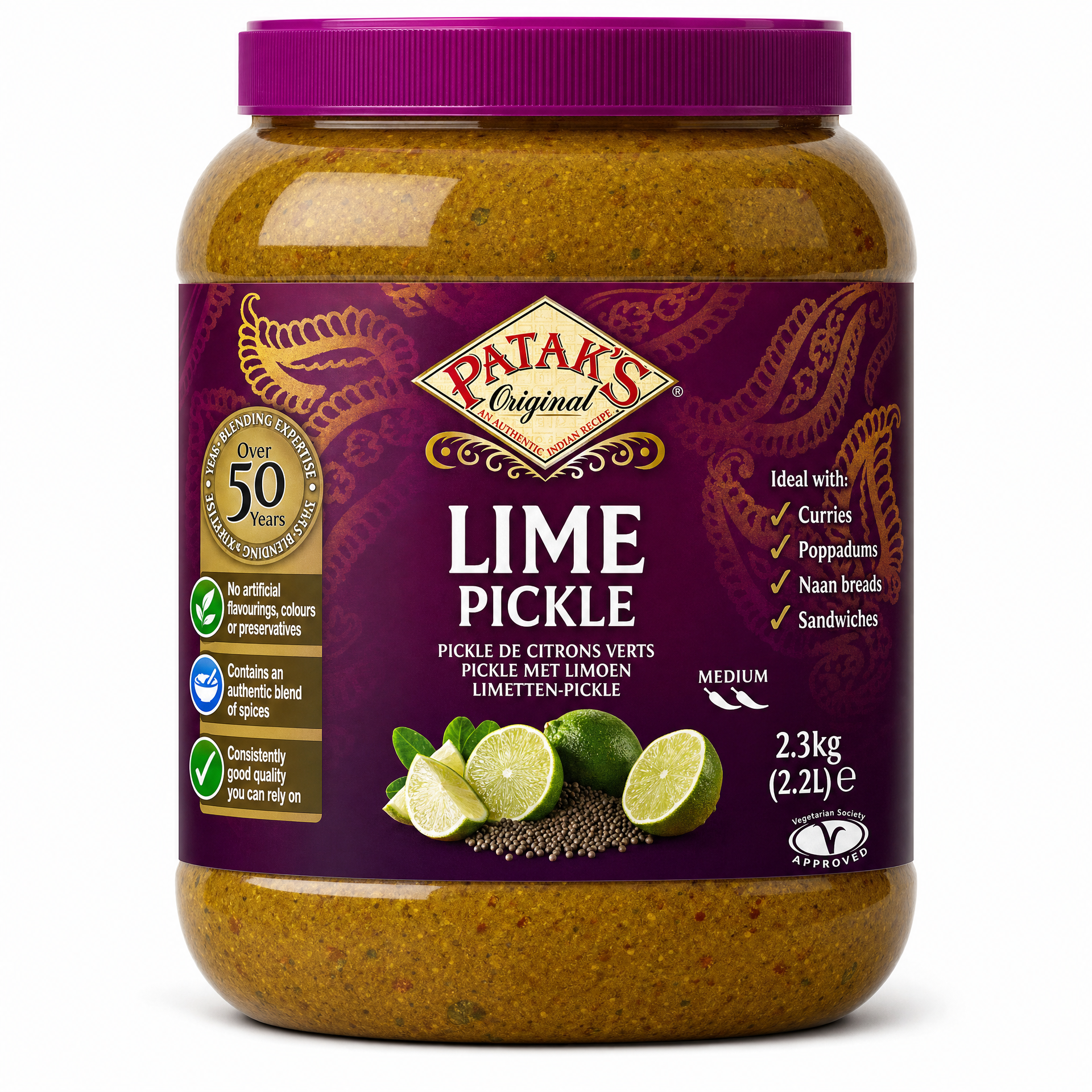 Patak's Lime Pickle 2.3kg jar, a large container of spicy Indian lime pickle with fresh citrus and traditional spices.