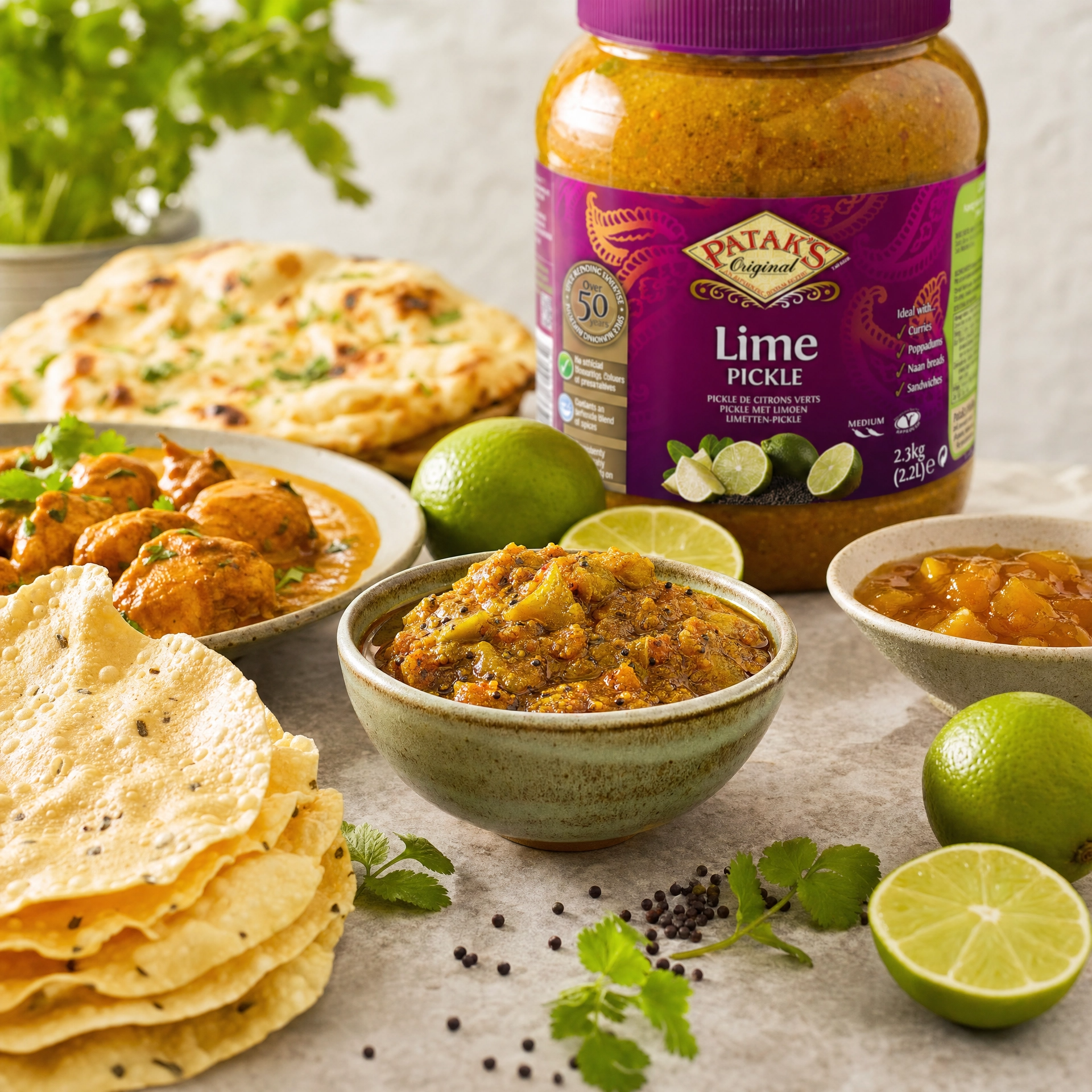 Large jar of Patak's Lime Pickle, a flavorful Indian condiment with vibrant lime pieces in a spicy, tangy marinade.