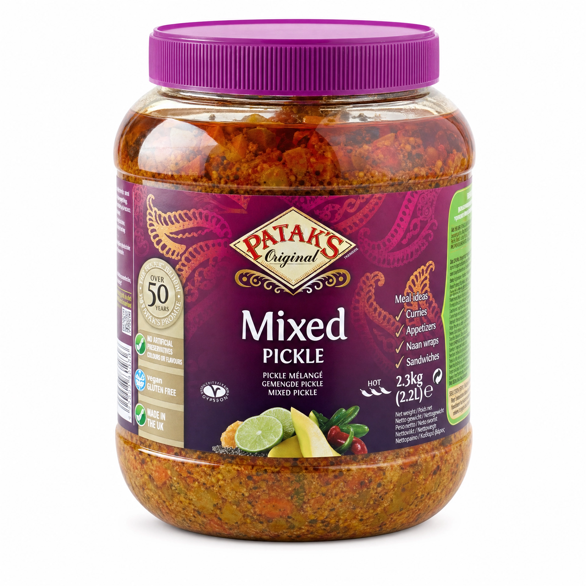 Patak's Mixed Pickle in a large 2.3kg jar, featuring a variety of spicy Indian pickles and condiments.