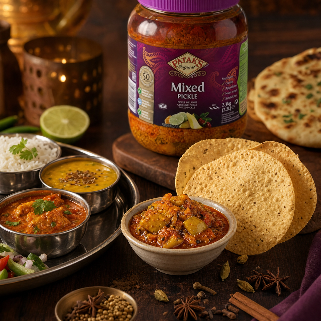 Patak's mixed pickle in a large 2.3kg jar, featuring colorful chunks of pickled vegetables and spices for flavorful condiments.
