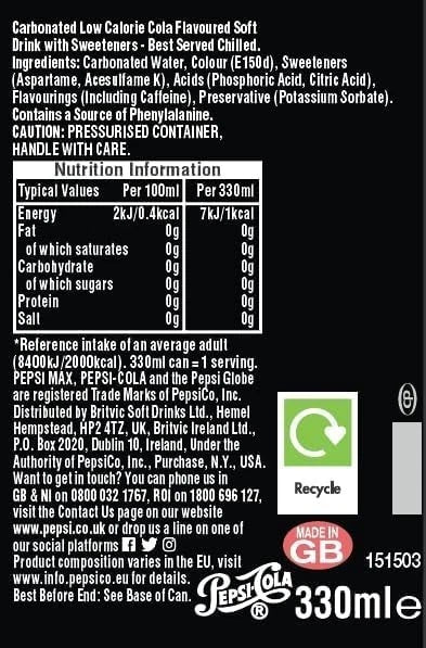 Case of 24 Pepsi Max 330ml cans featuring zero sugar fizzy cola soft drinks with branded packaging.