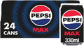 Case of 24 Pepsi Max 330ml cans, zero sugar fizzy cola soft drinks, featuring the iconic Pepsi branding and sleek can design.