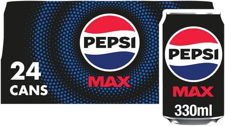 Case of 24 Pepsi Max 330ml cans, zero sugar fizzy cola soft drinks, featuring the iconic Pepsi branding and sleek can design.