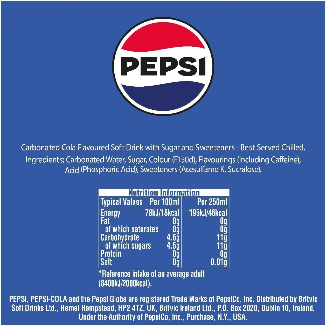 Case of 24 Pepsi regular cola 330ml cans, fizzy soft drinks with classic branding and refreshing carbonated beverage look.