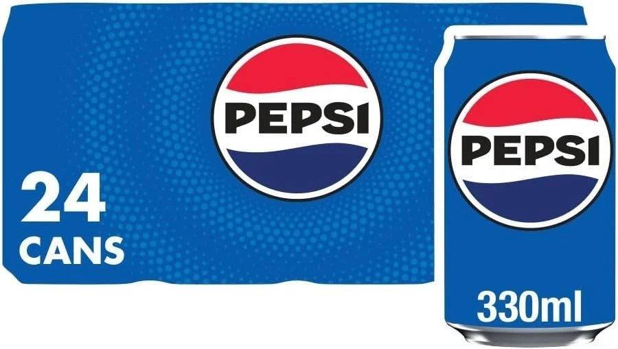 Case of 24 Pepsi Regular Cola 330ml cans, bubbly soft drink with iconic branding and classic cola flavor.
