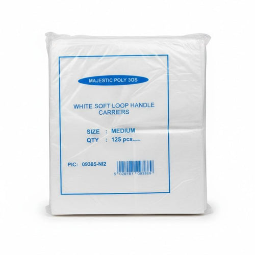White plastic medium carrier bag from Majestic, heavy-duty retail and takeaway shopping bag for groceries and catering supplies.