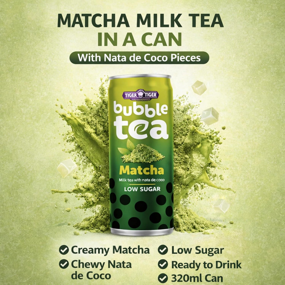 Tiger Tiger TT Bubble Tea with Nata de Coco, brown sugar, and matcha in a 320ml cup, featuring vibrant bubble tea ingredients.