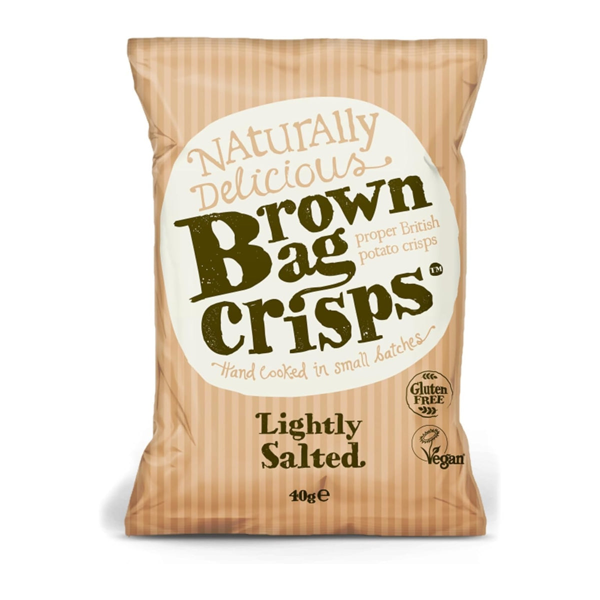 Brown Bag Lightly Salted Hand Cooked Crisps in a 40g multipack, showing golden crunchy crisps in a natural setting.