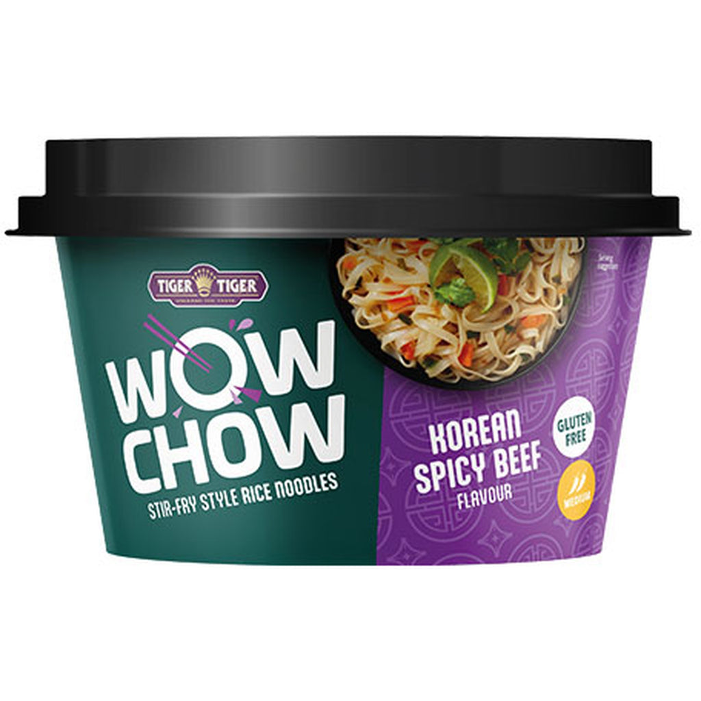 Tiger Tiger WOW CHOW stir-fry style instant rice noodles in 76g packs, showing cooked noodles with vegetables and seasoning.