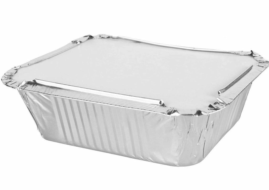 Reign Goods aluminium foil containers No.2, 415ml with board lids, disposable takeaway trays, pack of 10 to 1000.