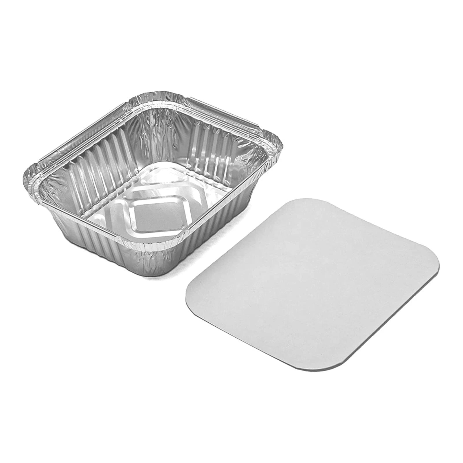 Reign Goods aluminium foil containers No.2 415ml with board lids, disposable takeaway trays, pack of 10 to 1000, aluminium packaging.