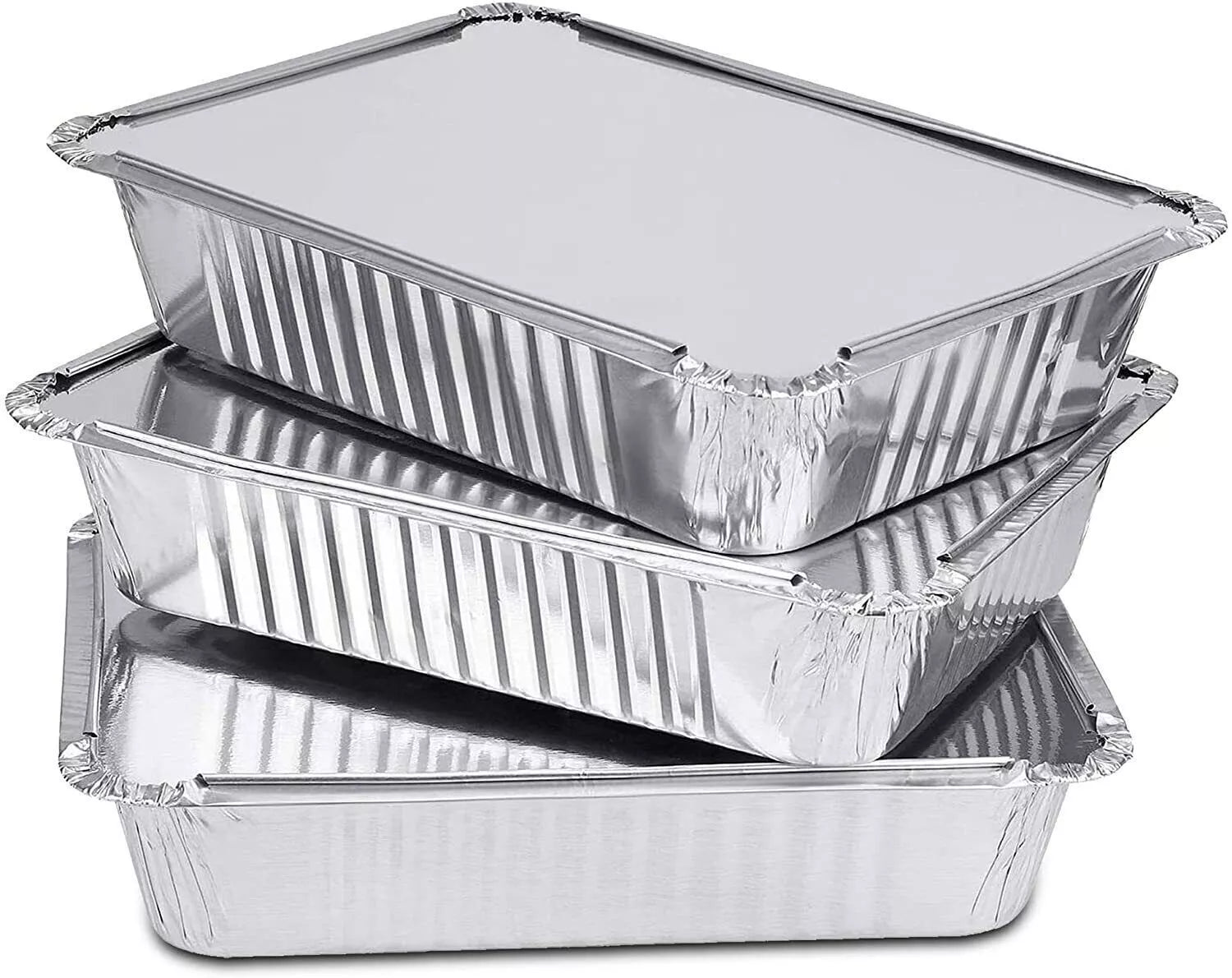 Reign Goods aluminium foil containers No.2 415ml with board lids, disposable takeaway trays, shown in a pack of multiple units.