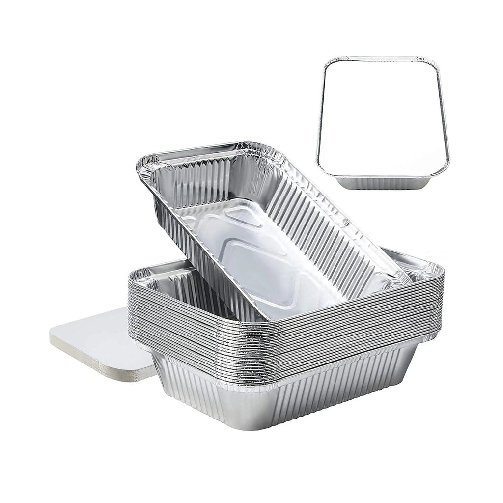 Aluminium foil container No.6 700ml with board lid from Reign Goods, large disposable takeaway tray for food packaging, pack of 25.