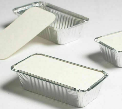 Aluminium foil containers No.6 with board lids from Reign Goods, 700ml large disposable takeaway trays, pack of 25 or 500.