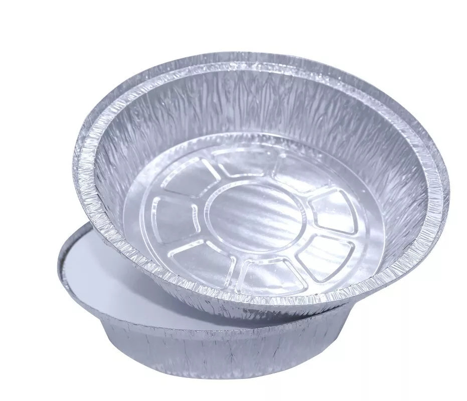 Reign Goods aluminium round containers No.12, 7-inch with lids, disposable takeaway trays, pack of 5 for food packaging.