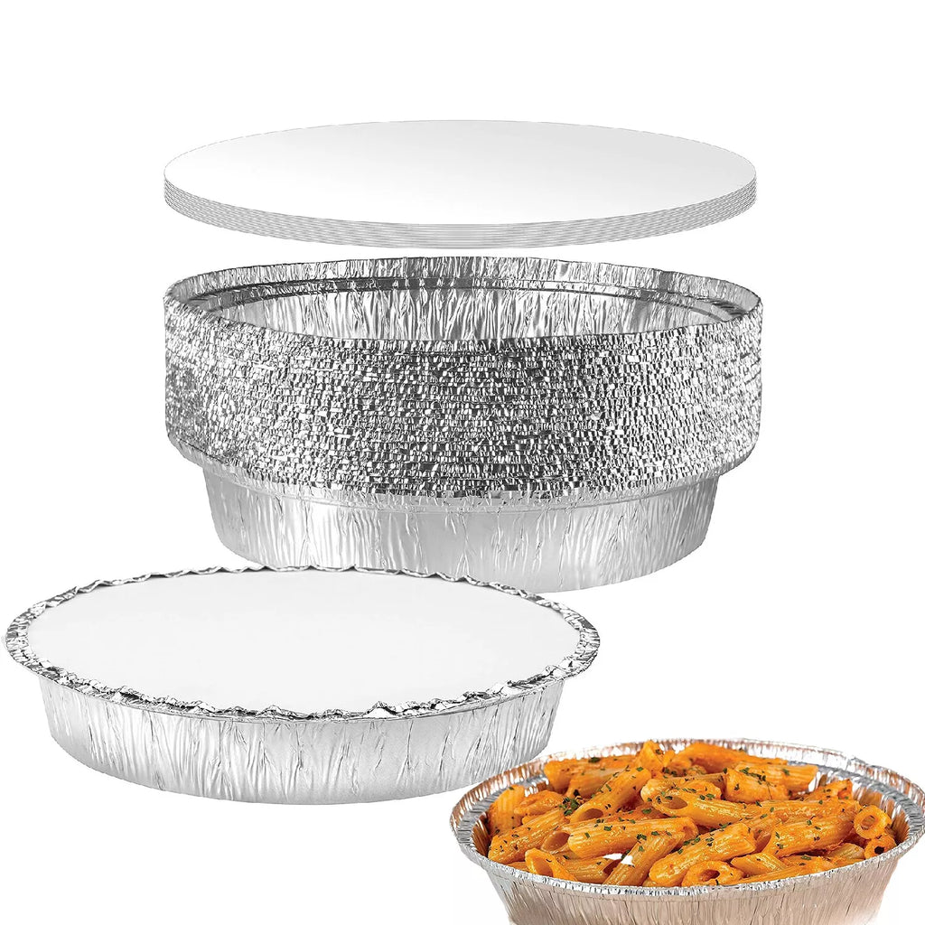Set of 5 aluminium round containers with lids, 7-inch disposable takeaway trays for packaging food, by Reign Goods.