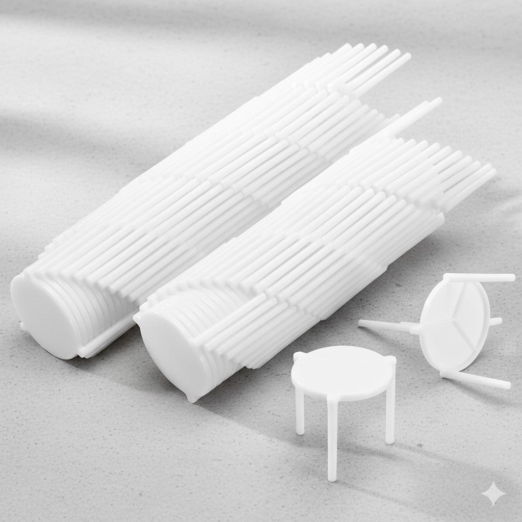Pack of 100 Reign Goods plastic pizza saver tripods supporting pizza box lids and keeping pizzas elevated during delivery.