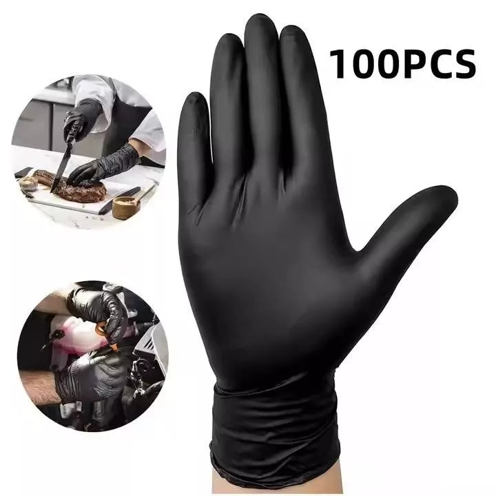 Black nitrile disposable gloves from Reign Goods, powder-free, latex-free catering gloves in L and XL size, food safe, 100 pack.