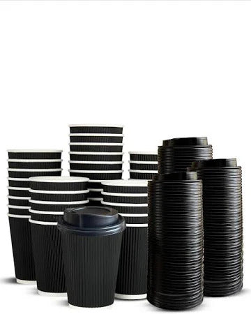 Black Ripple Paper Cups 25-pack by Reign Goods, insulated disposable hot drink takeaway cups with optional lids.