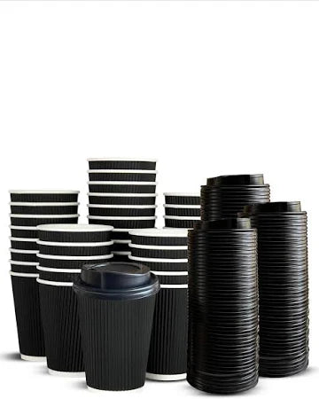 Black Ripple Paper Cups 25-pack by Reign Goods, insulated disposable hot drink takeaway cups with optional lids, ideal for hot beverages.